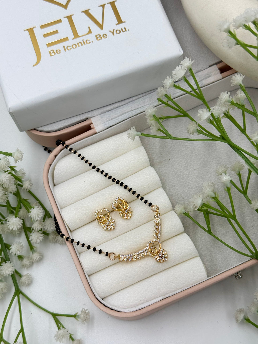 Vireya Diamond Mangalsutra with Earrings – Rose Gold Plated