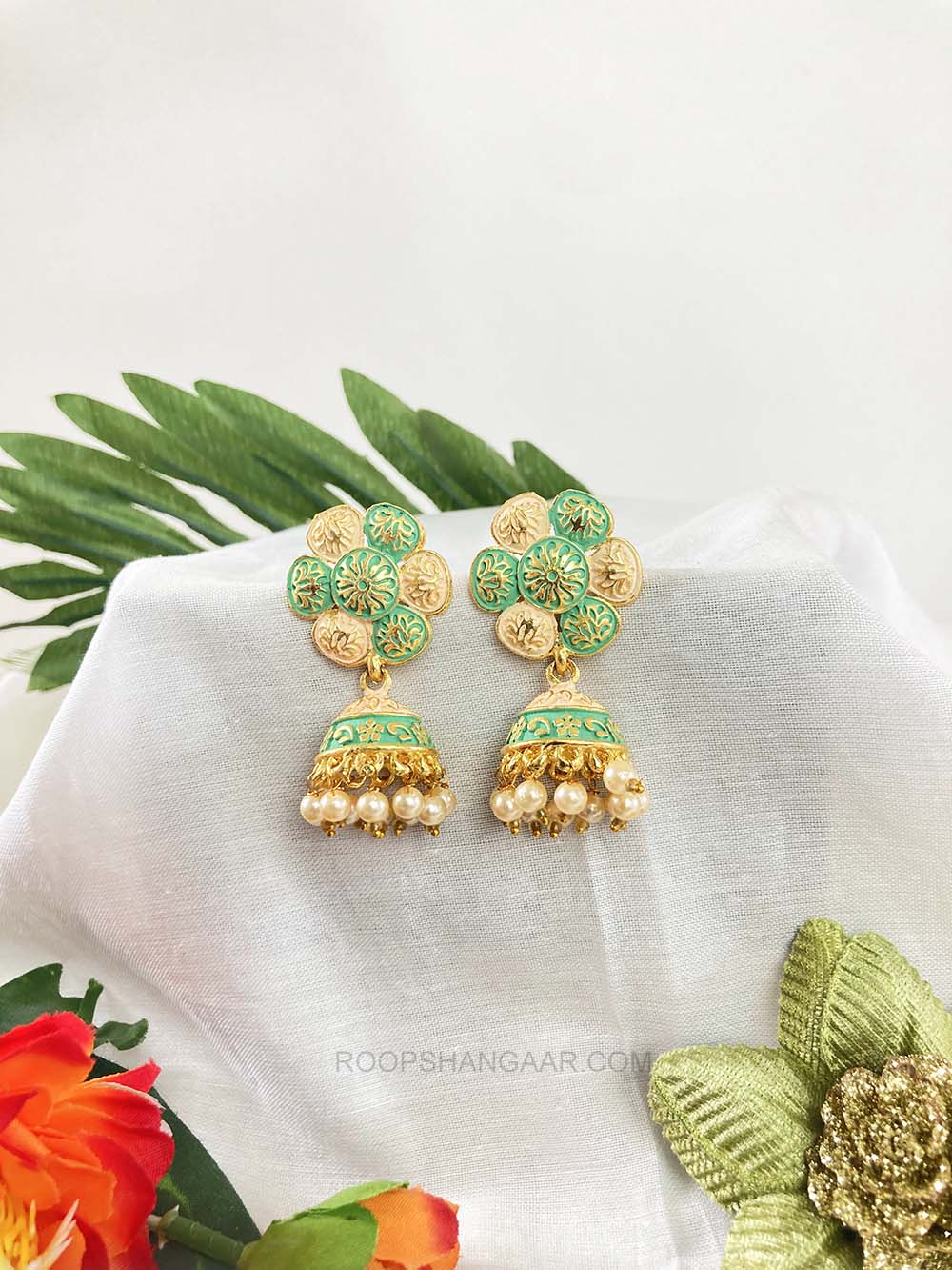 Cream Mint Sandhya Jhumki Earrigs