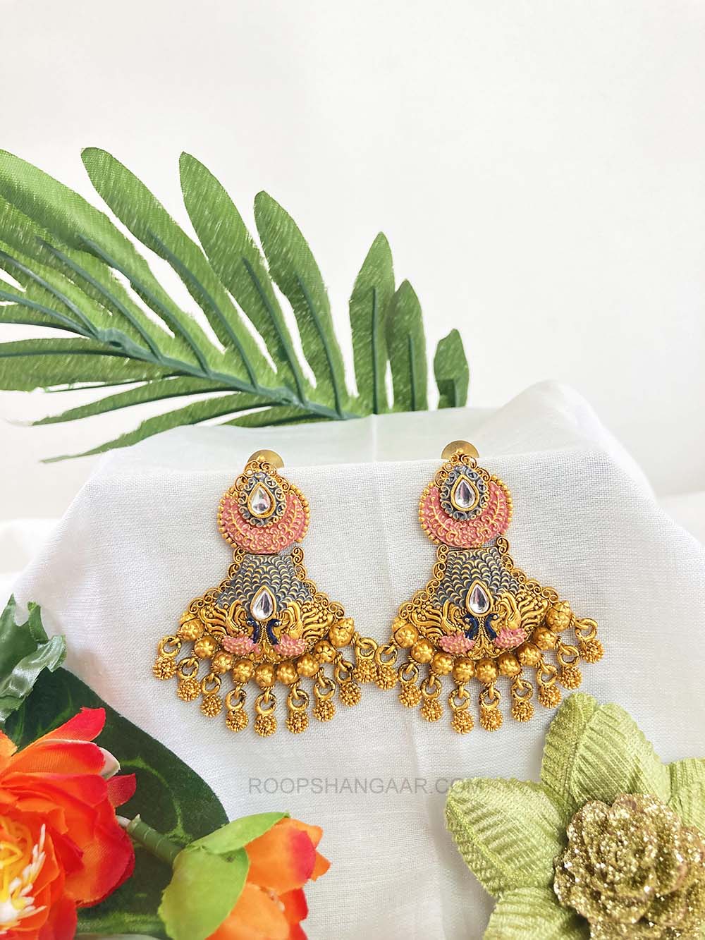 Pink Gray Morni Chanbali Earrigs