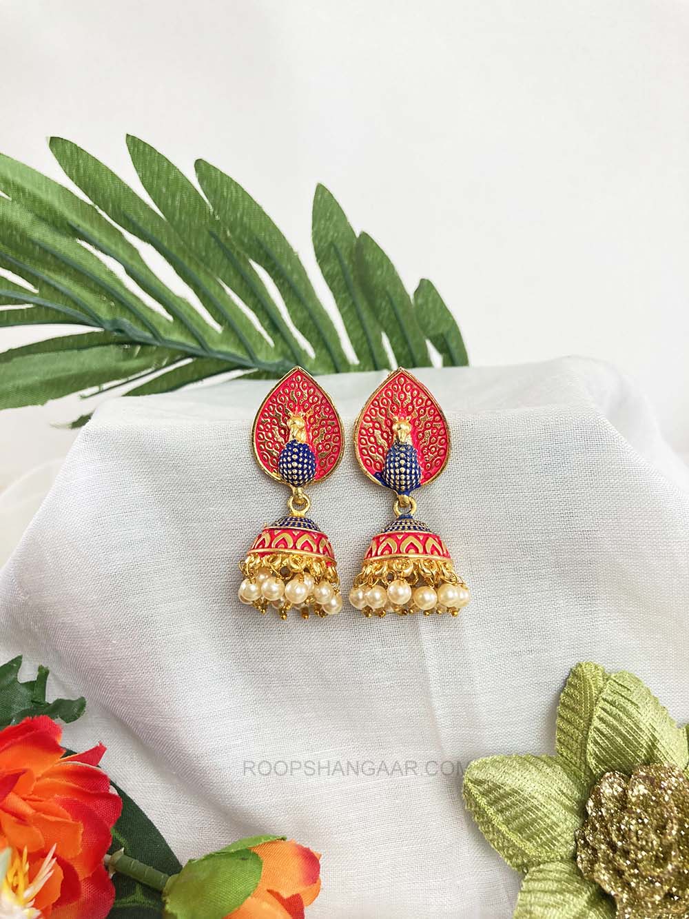 Red Blue Arushi Jhumki Earrigs