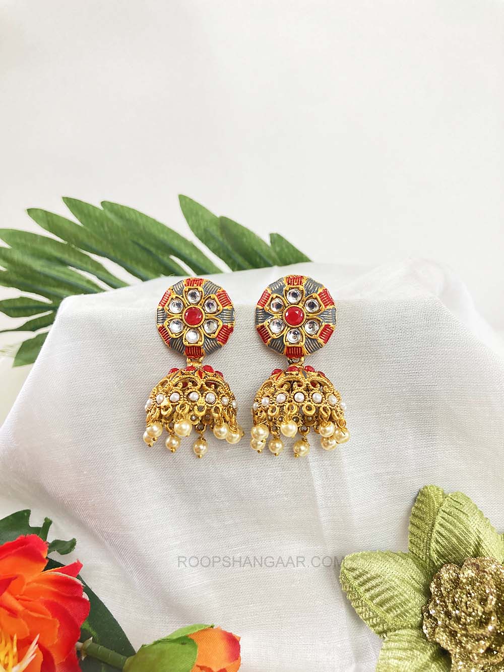 Red Gray Akriti Jhumki Earrings