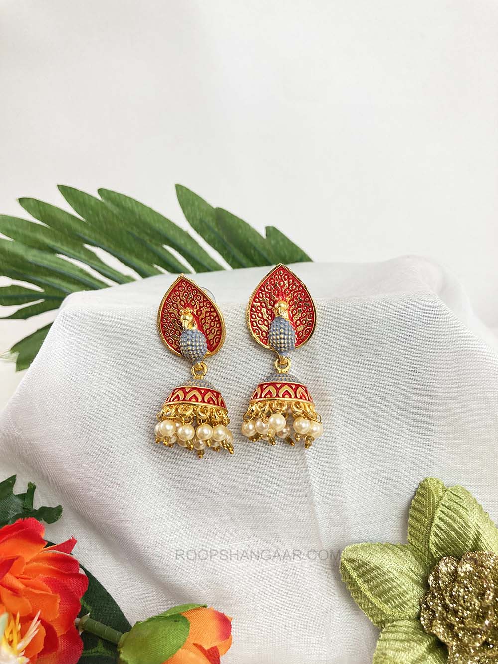Red Gray Arushi Jhumki Earrigs