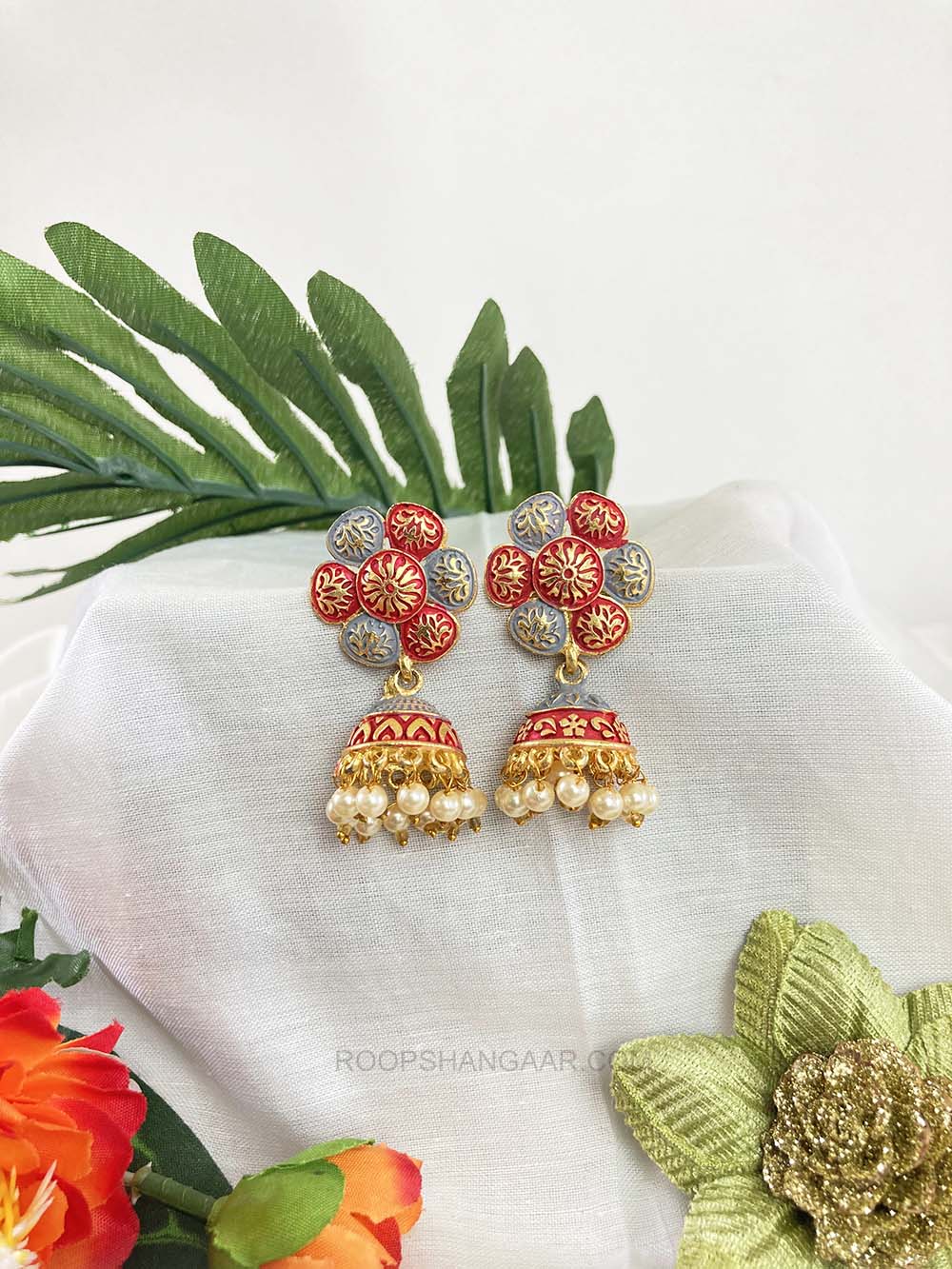 Red Gray Sandhya Jhumki Earrigs