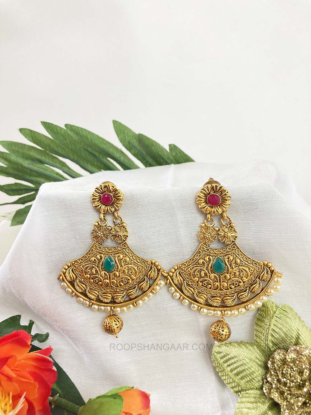 Red Green Ritika Chandbali Earrings