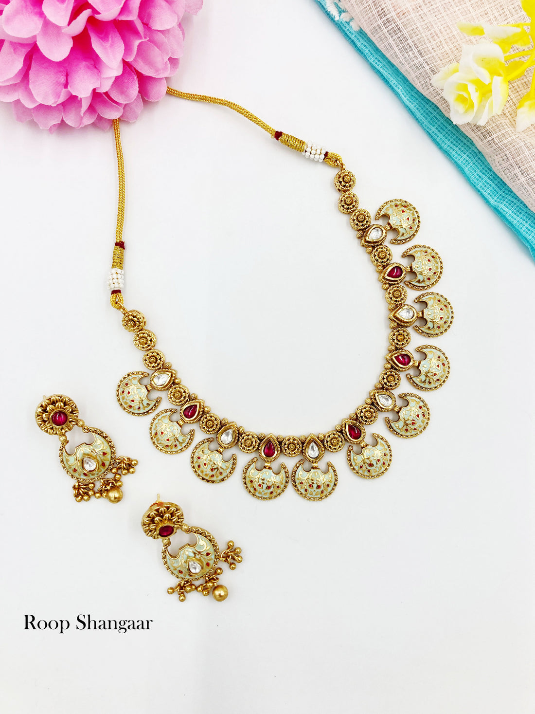 Ruby Mint Sayogita Temple Jewellery Set