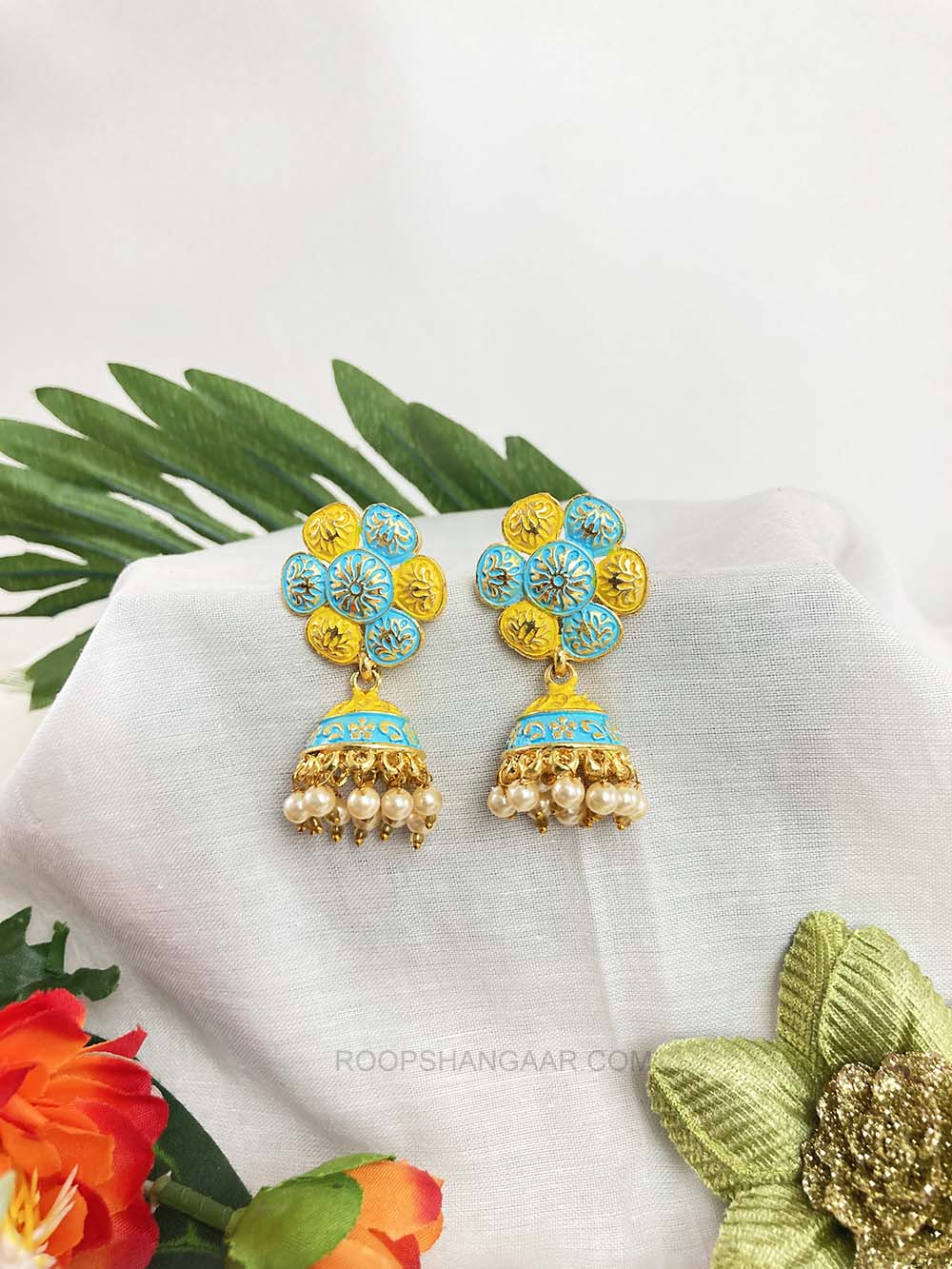 Yellow-Sky Blue Sandhya Jhumki Earrigs