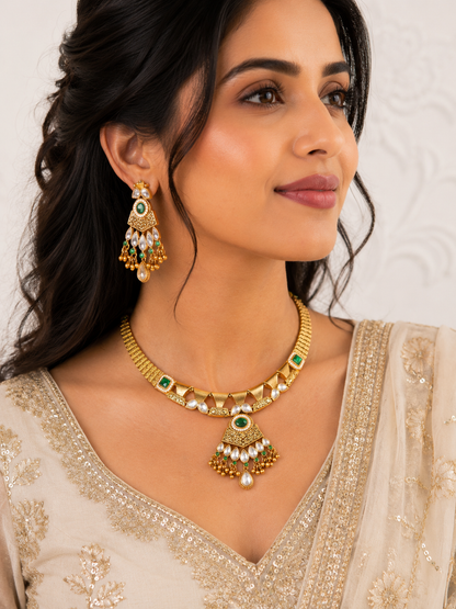 Emerald Tamannaah Temple Jewellery Set