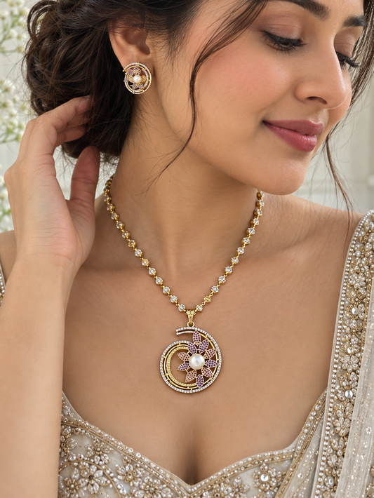 Aadhya 18K Gold Plated Pendant Set with Mala