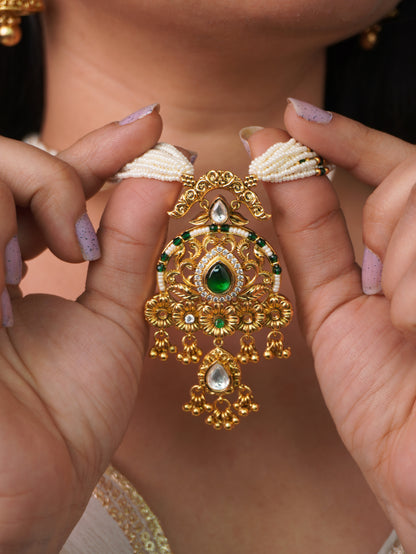Golden Emerald Kavya Temple Jewellery Set