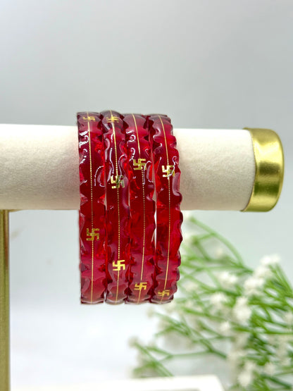 SWASTIK GOLD TAAR BANGLES - Red Glass Finish