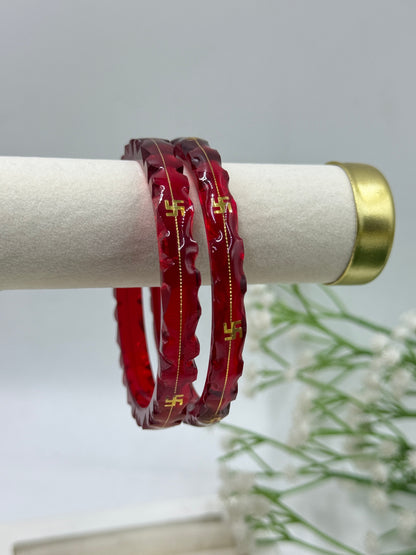 SWASTIK GOLD TAAR BANGLES - Red Glass Finish