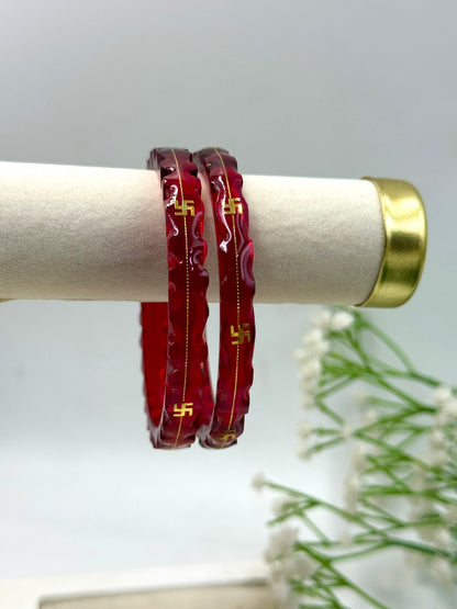 SWASTIK GOLD TAAR BANGLES - Red Glass Finish