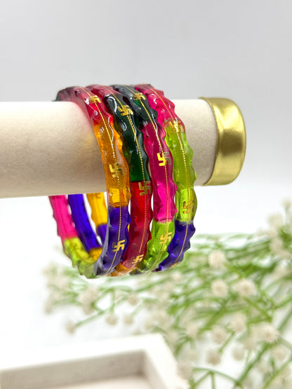 MULTICOLOR SWASTIK GOLD TAAR BANGLES - GLASS FINISH