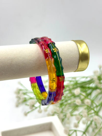 MULTICOLOR SWASTIK GOLD TAAR BANGLES - GLASS FINISH