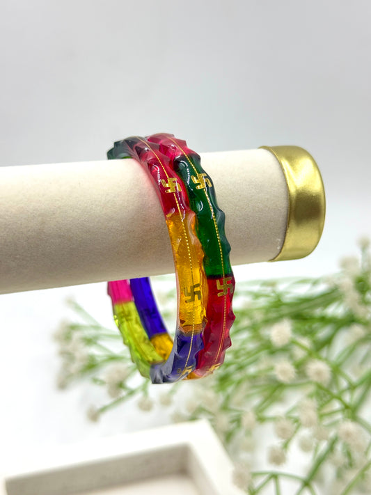 MULTICOLOR SWASTIK GOLD TAAR BANGLES - GLASS FINISH
