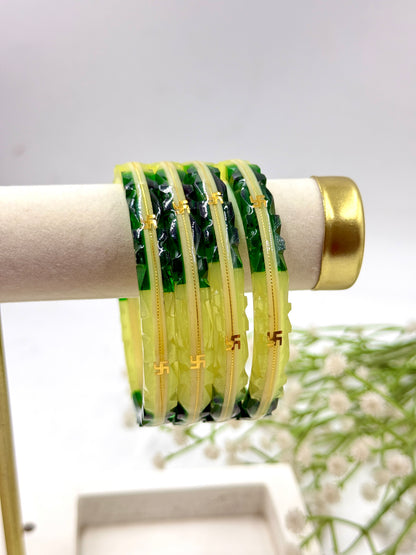 SWASTIK GOLD TAAR BANGLES - WHITE GREEN GLASS FINISH