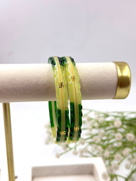 SWASTIK GOLD TAAR BANGLES - WHITE GREEN GLASS FINISH