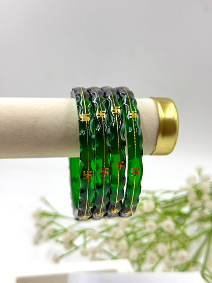 SWASTIK GOLD TAAR BANGLES - GREEN GLASS FINISH