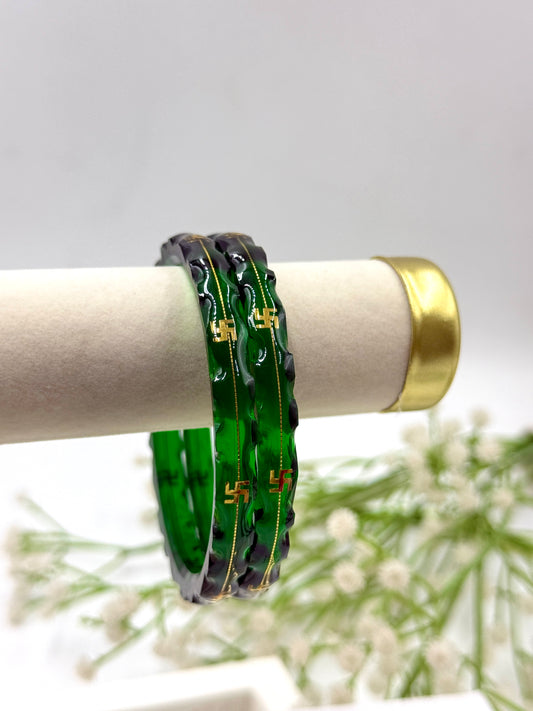 SWASTIK GOLD TAAR BANGLES - GREEN GLASS FINISH