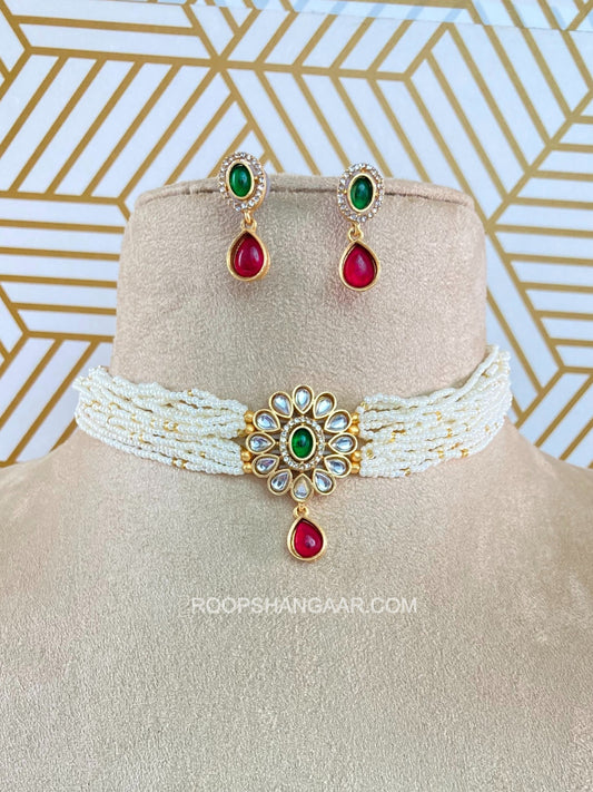 Krishna White Pearl Kundan Necklace Set