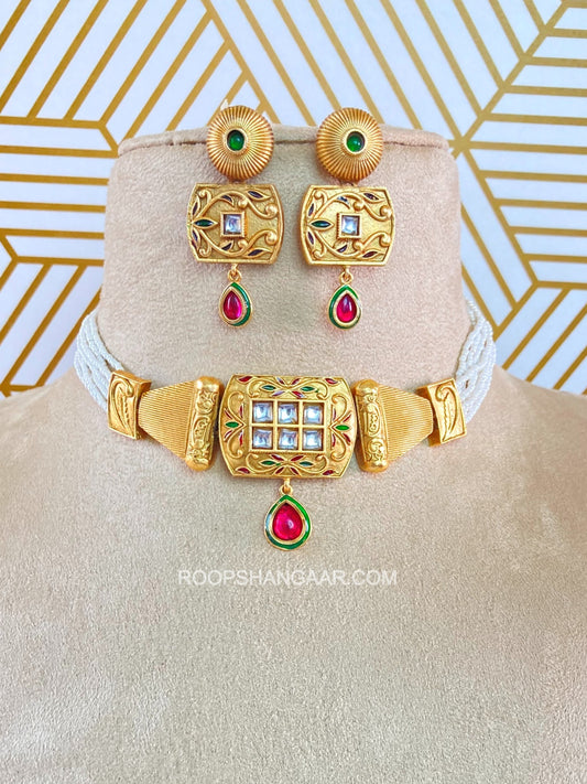 Netra White Pearl Kundan Choker Necklace Set
