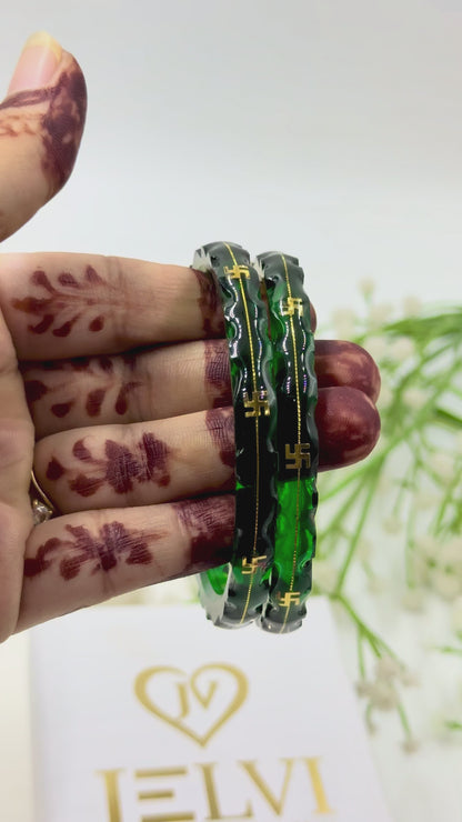 SWASTIK GOLD TAAR BANGLES - GREEN GLASS FINISH
