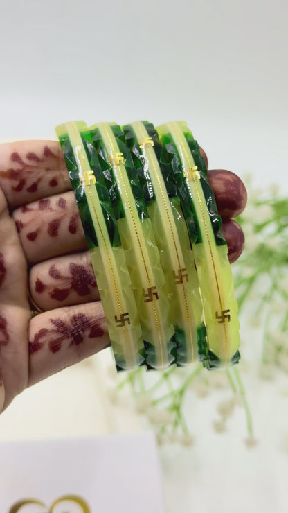 SWASTIK GOLD TAAR BANGLES - WHITE GREEN GLASS FINISH