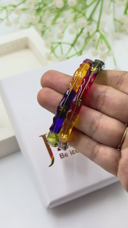 MULTICOLOR SWASTIK GOLD TAAR BANGLES - GLASS FINISH