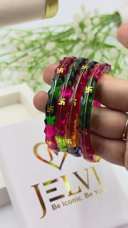MULTICOLOR SWASTIK GOLD TAAR BANGLES - GLASS FINISH