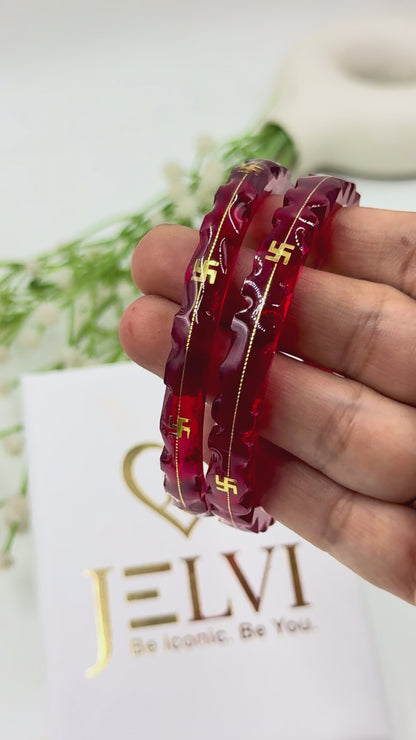 SWASTIK GOLD TAAR BANGLES - Red Glass Finish