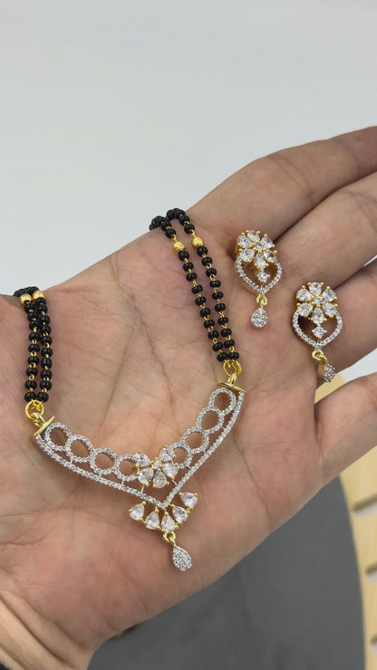 Ruvanya Diamond Mangalsutra with Earrings – 18K Gold Plated