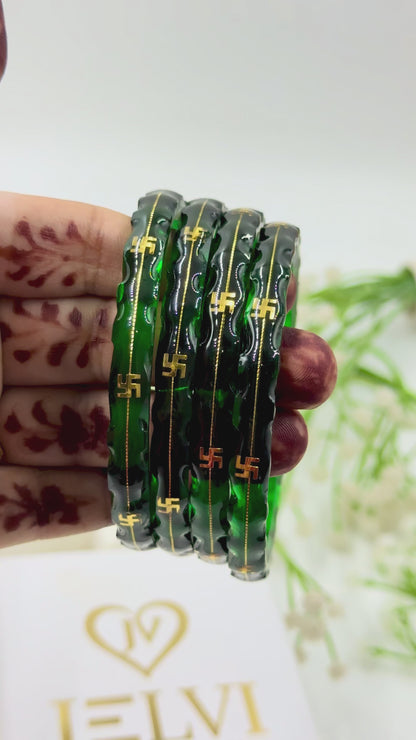 SWASTIK GOLD TAAR BANGLES - GREEN GLASS FINISH