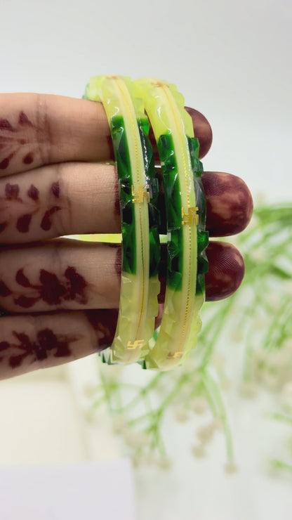 SWASTIK GOLD TAAR BANGLES - WHITE GREEN GLASS FINISH